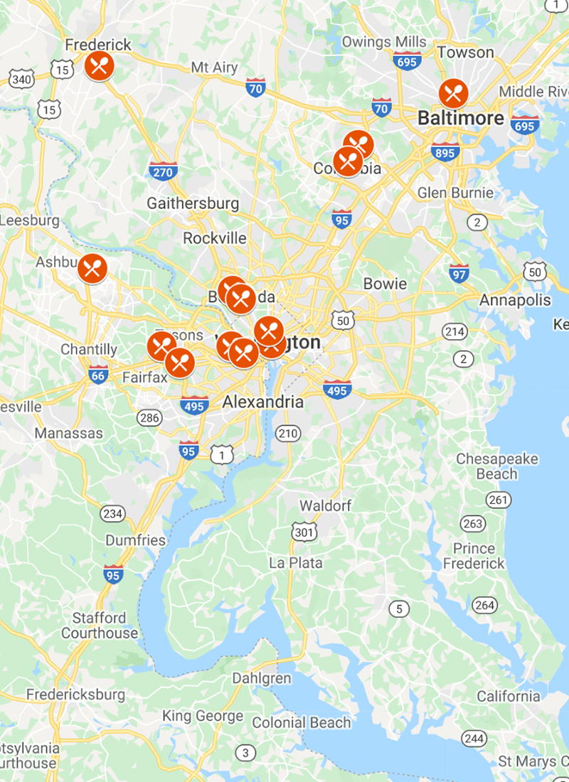 map of where to take cooking classes in DC, Maryland, and Virginia