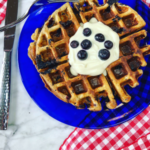 Blueberry, lemon, coconut, and banana waffles