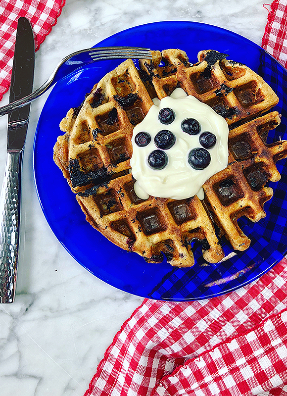 Blueberry, lemon, coconut, and banana waffles